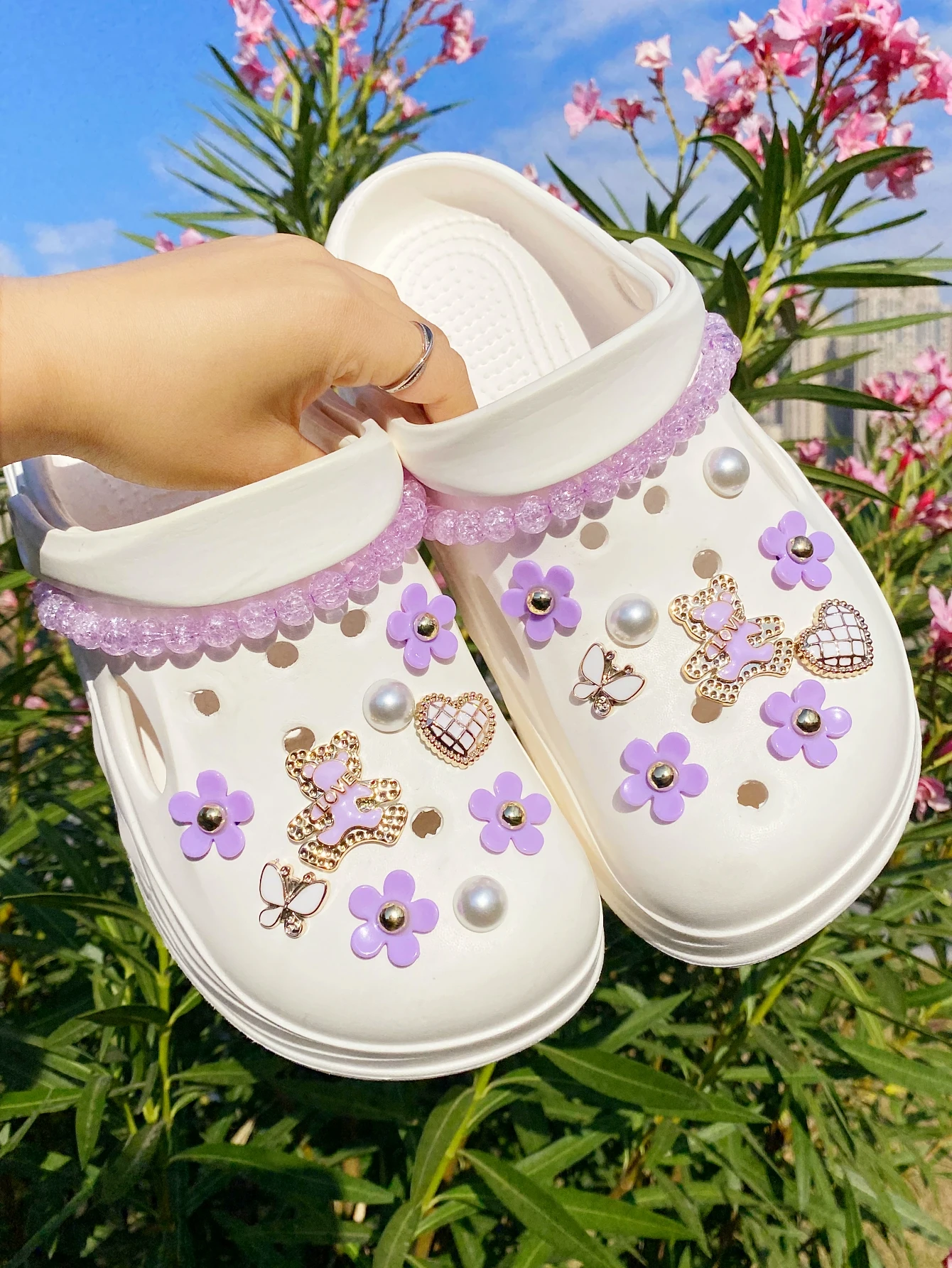 20 fashionable purple love bear, butterfly, flower, broken bead chain Crocs accessory ABS shoe flower, DLY decoration suitable f