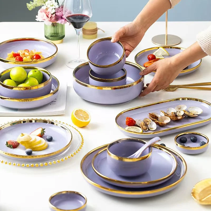 Bright Purple Porcelain Dinner Tray Kitchen Plates With Gilt Rim Ceramic Tableware Food Dishes Rice Salad Noodles Bowl