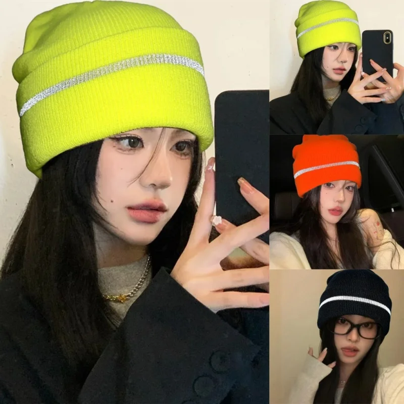 Candy Color Bright Fluorescence Knit Beanie Hat Unisex Cycling Running Cap Safety Night Work Hat Hip Hop Dance Sports Skull Cap