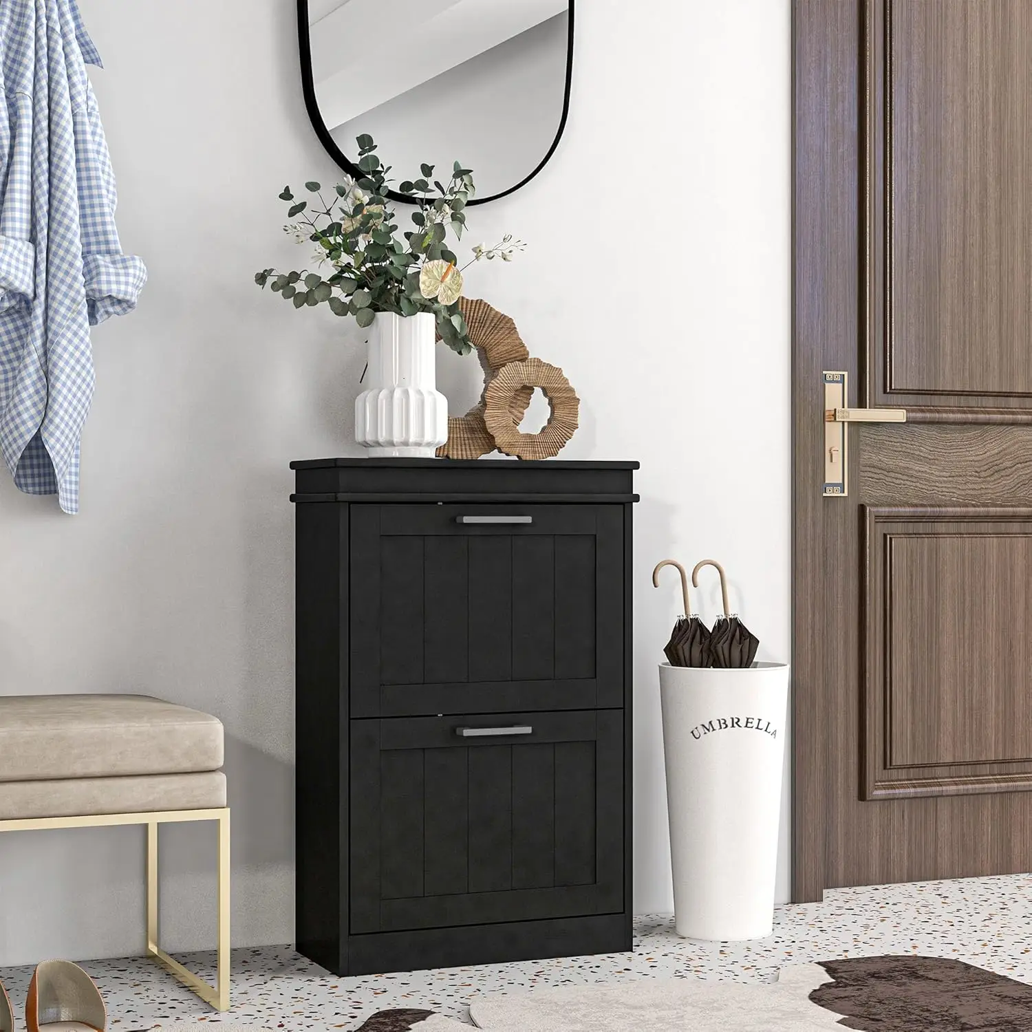 Narrow Shoe Cabinet 2 Flip Drawers Adjustable Shelves Entryway Hallway Black, Customized