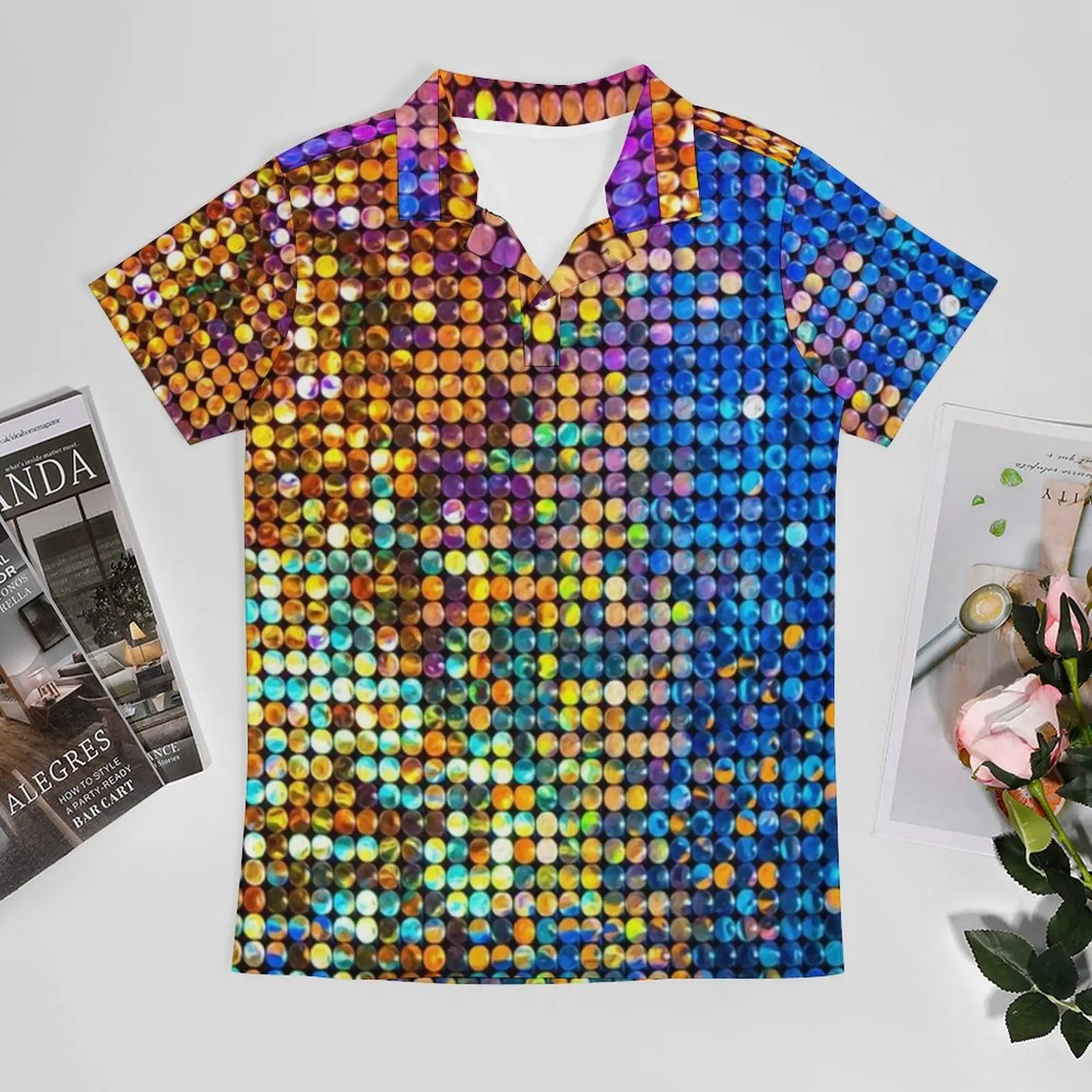 Disco Ball Print Polo Shirts Males Colourful Sequins Casual Shirt Summer Cool Turn-Down Collar T-Shirt Short Sleeve Oversize Top