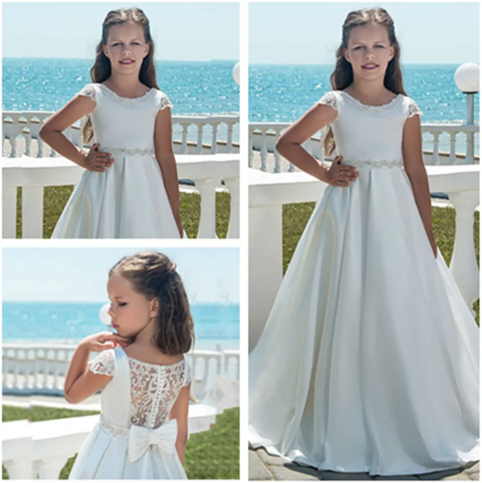 Elegant Ivory Satin First Communion Gowns Flower Girl Dress Short sleeves With Bow Little Princess Birthday Evening Ball Dresses