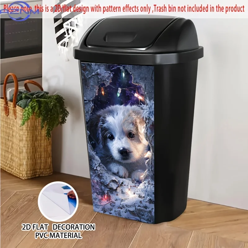 Extra Large Self-Adhesive PVC Bin Stickers - Cute Welsh Terrier Puppy Peeking from Trash Can Design, Glossy Removable Wallpape