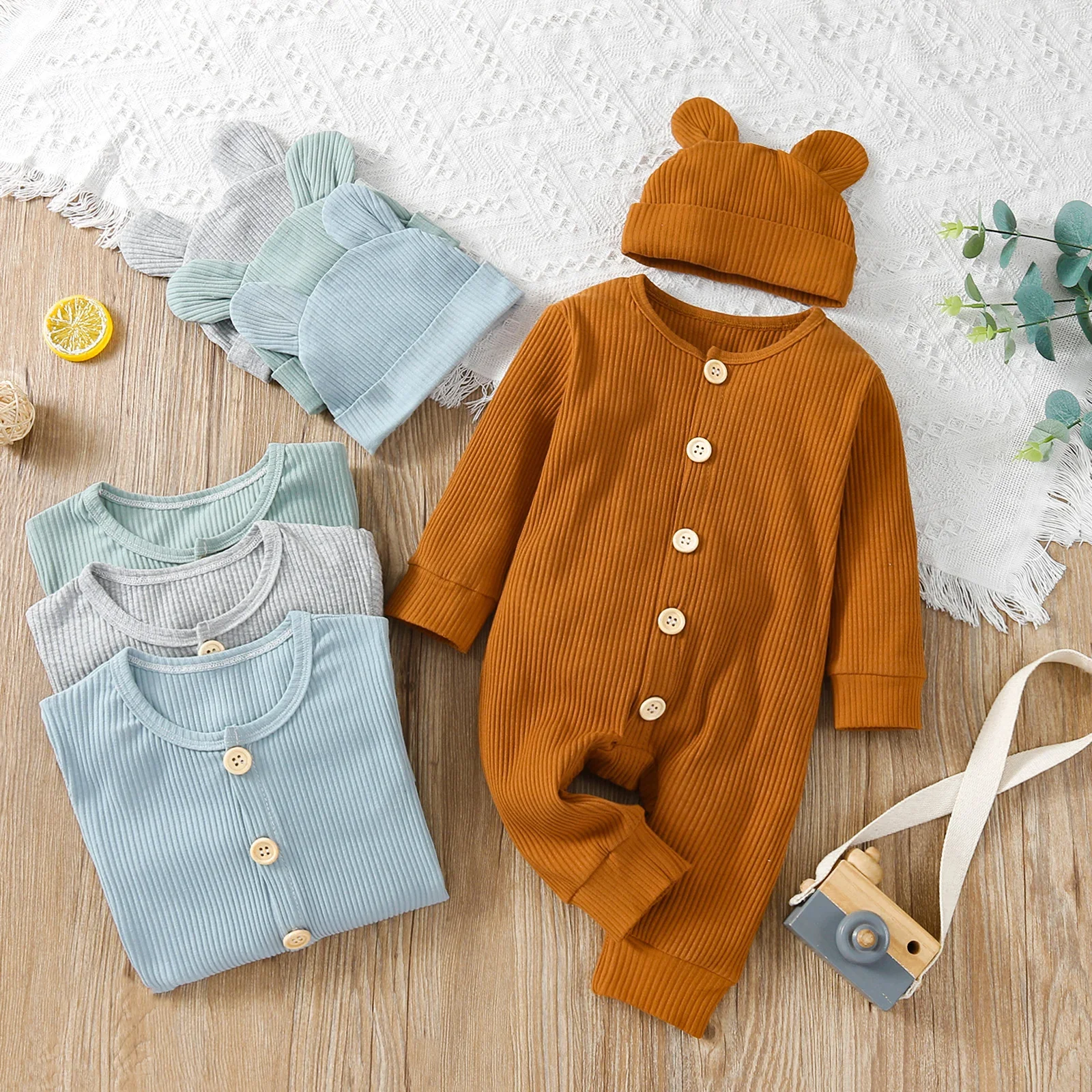 Newborn Baby Knitted Romper + Ear Hat Set for Boy Girl