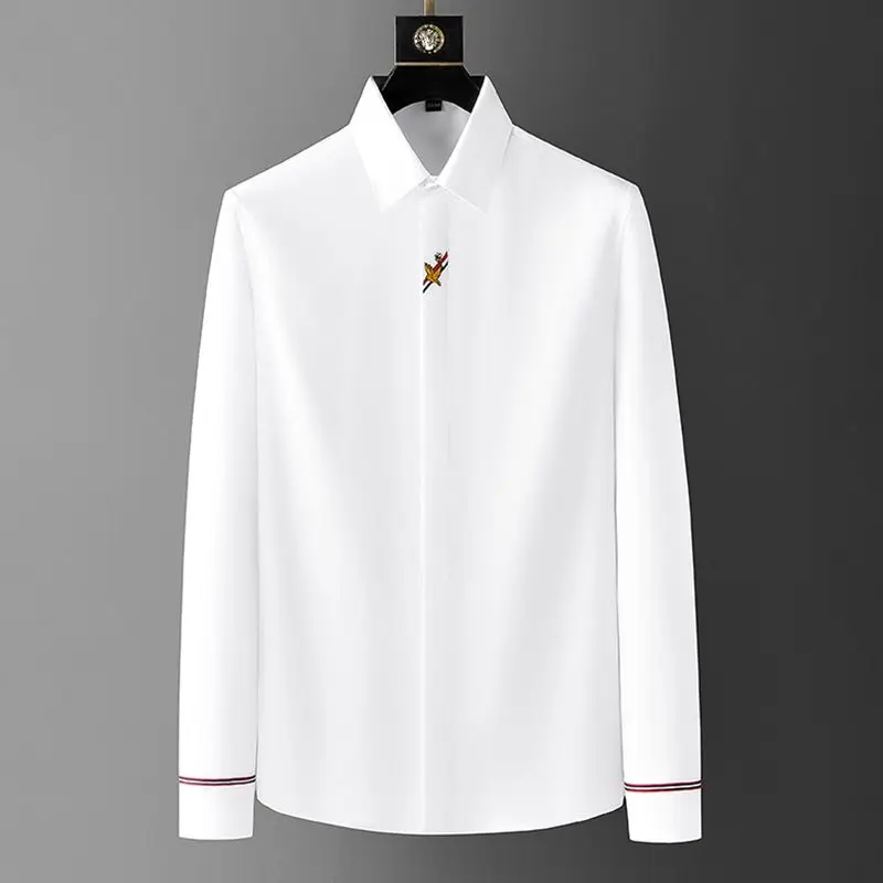 Business Casual Anti-wrinkle Slim Fit Mens Shirts，Single-Breasted Turn-Down Collar Shirts，Creative Embroidery Bird Pattern Top