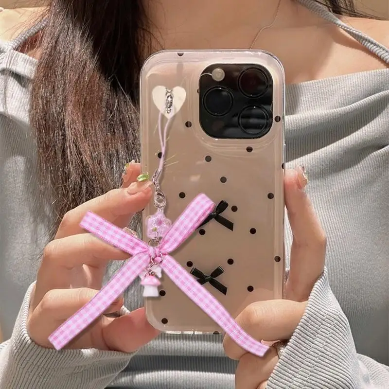 E15E Pink Bow Flower Keyring Pendant Bowknot Cellphone Lanyard Fashionable Bag Charm