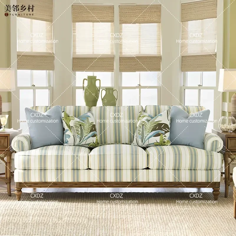 Sea Breeze Country Style Striped Fabric 3 Seater Sofa Green 123 Combination Set High End Ready Stock Living Room Furniture