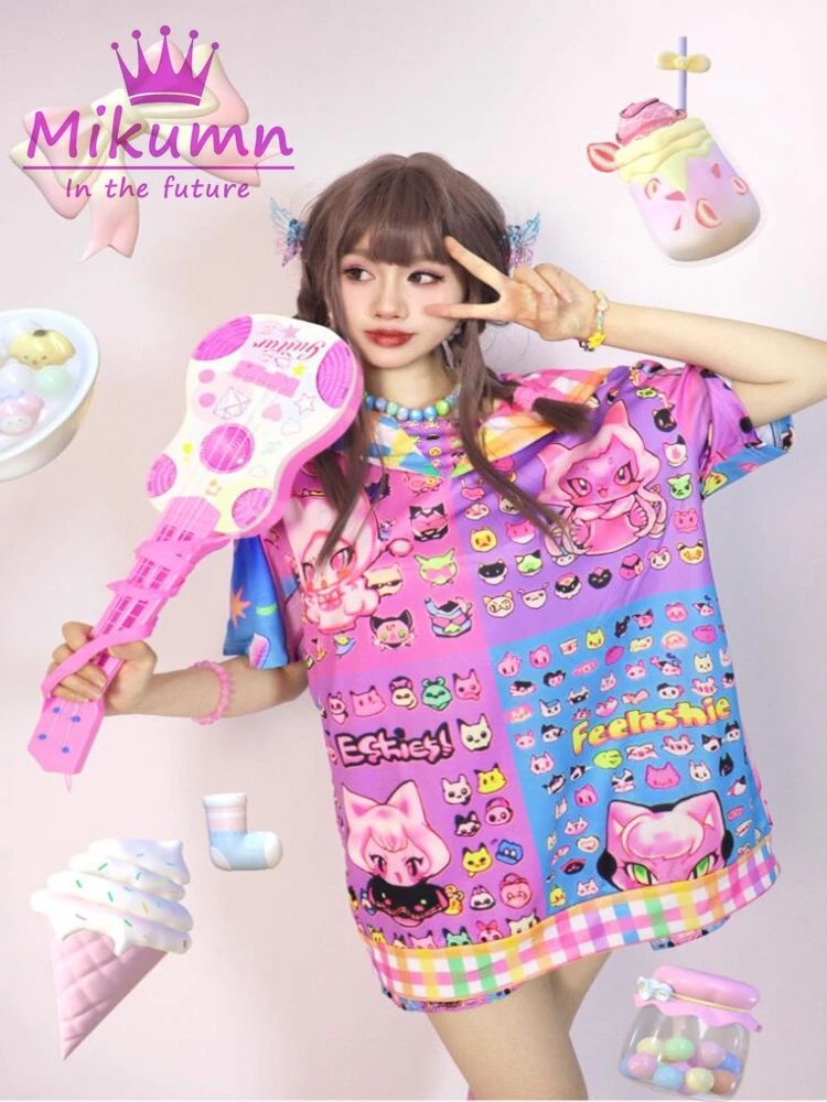 Mikumn Harajuku Y2K Cute Sailor Collar Loose Short Sleeve T-shirt Women Japanese Kawaii Print Aesthetic Grunge Oversized Top Tee