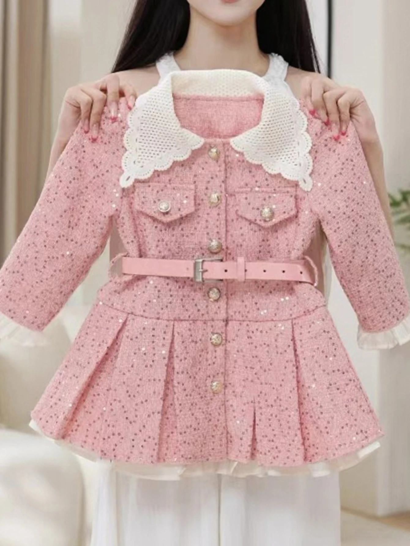 Girls' Christmas Dress with Cardigan – Pink Knit Holiday Outfit with Peter Pan Collar & Decorative Sash, Cozy Festive Set