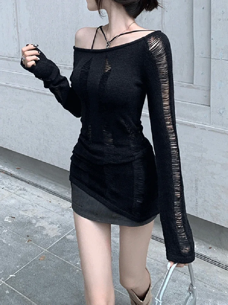 Women Dark Goth Split Hole Knit Sweaters Black Gothic Lady Hollow Out Cool Pullover Sweater Autumn Sexy See Through Pull Jumpers