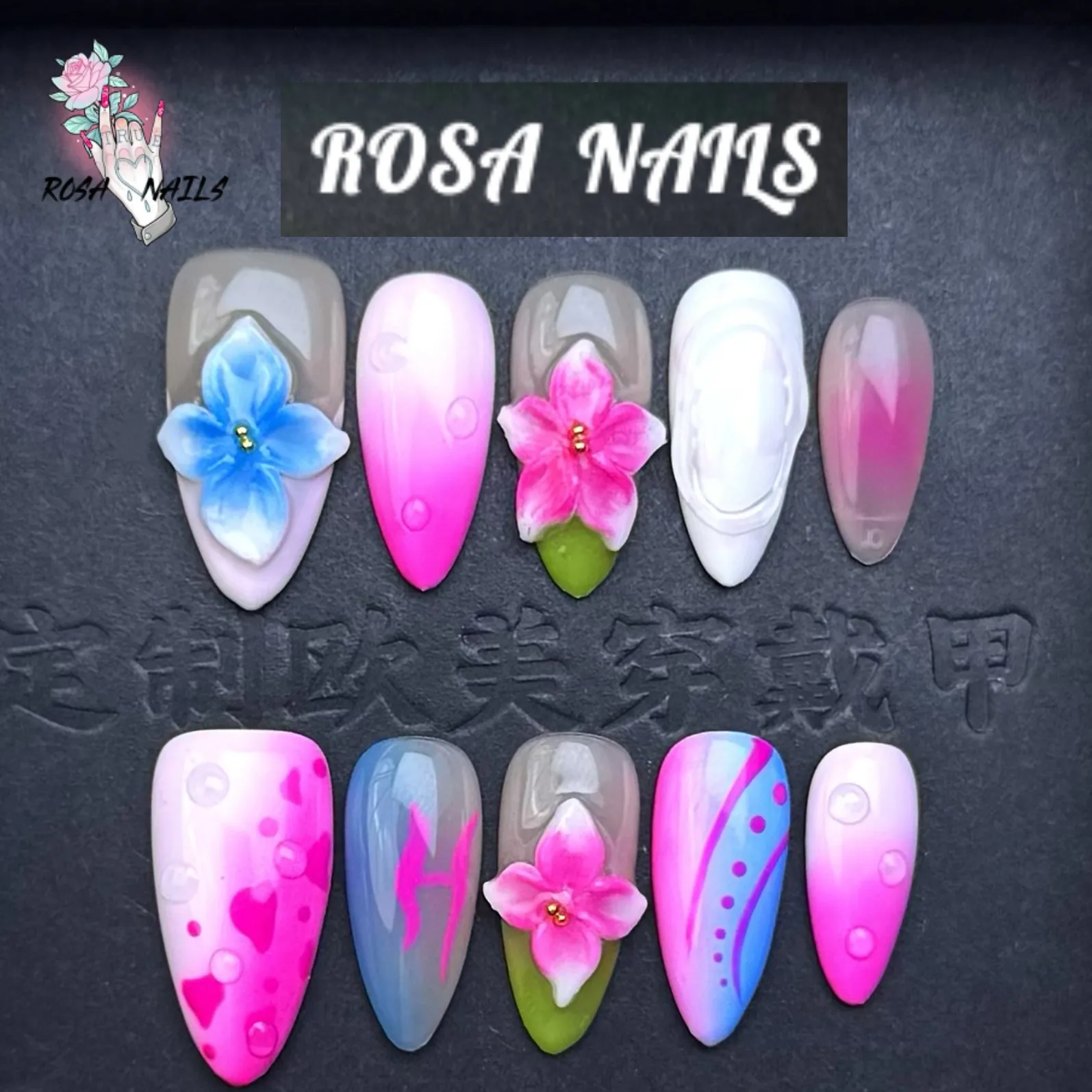 

10pcs Handmade Press on Acyrlic Nails 3D Flower Nail Art Tip Colorful Pink Blue Flowers Fake Nails French Tips Almond False Nail