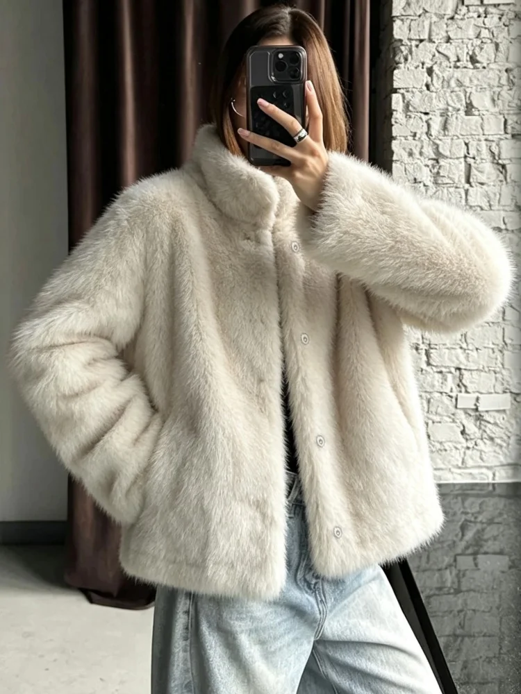 AACHOAE Women Faux Fur Jacket Winter Coat Stand Collar Long Sleeve Snap Button Warm Loose Casual Elegant Outerwear