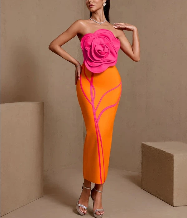 Luxury 3D Flower Bodycon Dress Elegant Pink Orange Patchwork Strapless Midi Gowns Sexy Celebrity Evening Party Club Vestidos