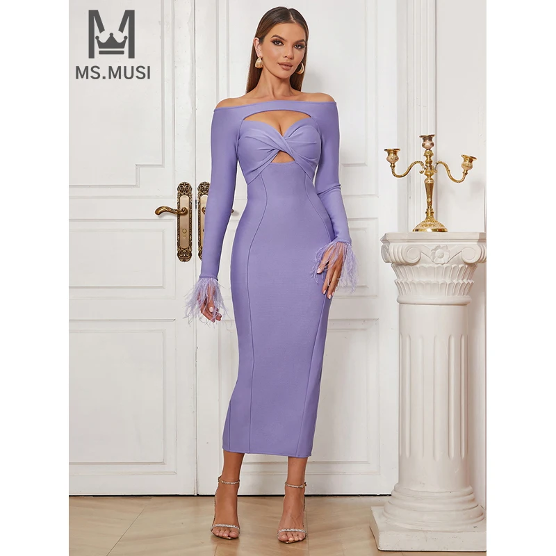 

MSMUSI 2024 New Fashion Women Sexy Off The Shoulder Feather Hollow Out Long Sleeve Backless Bodycon Party Club Event Midi Dress