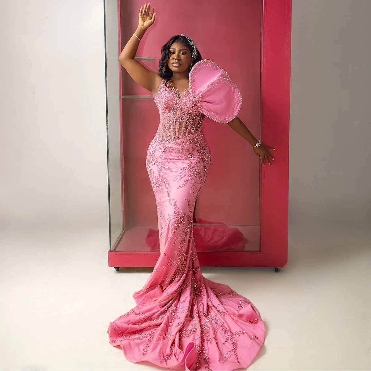 Aso Ebi Luxury Beading Wedding Reception Dresses with 3D Floral African Pink Birthday Dress Black Women Bridal Dress Formal Gown
