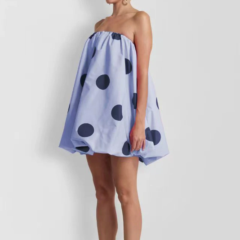 セクシーなオフショルダーストラップレスショートドレスレトロ水玉プリントノースリーブミニドレス女性エレガントなハイトウエストルーズAラインドレス