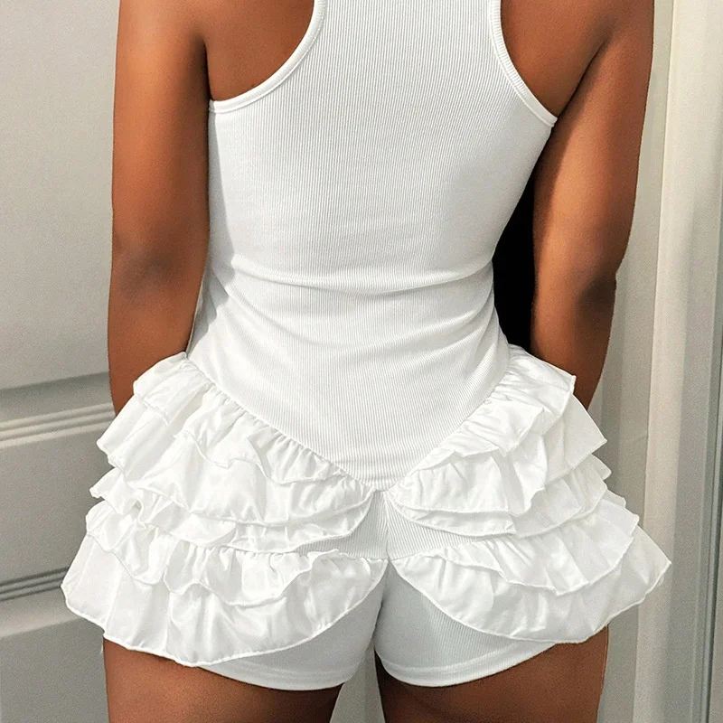 Sommerlicher Damen-Overall mit quadratischem Ausschnitt, ärmellosem Tank-Design, geripptem Body, mehrlagigem Rüschensaum, kurzem Schnitt, Streetwear, Großhandel, Dropshipping – Detail 3