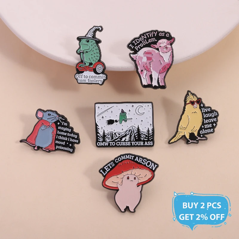 Off To Commit Tom Foolery Enamel Pins Whimsical Frog Wizard I Identify As A Problem Brooches Lapel Badge Jewelry Gifts