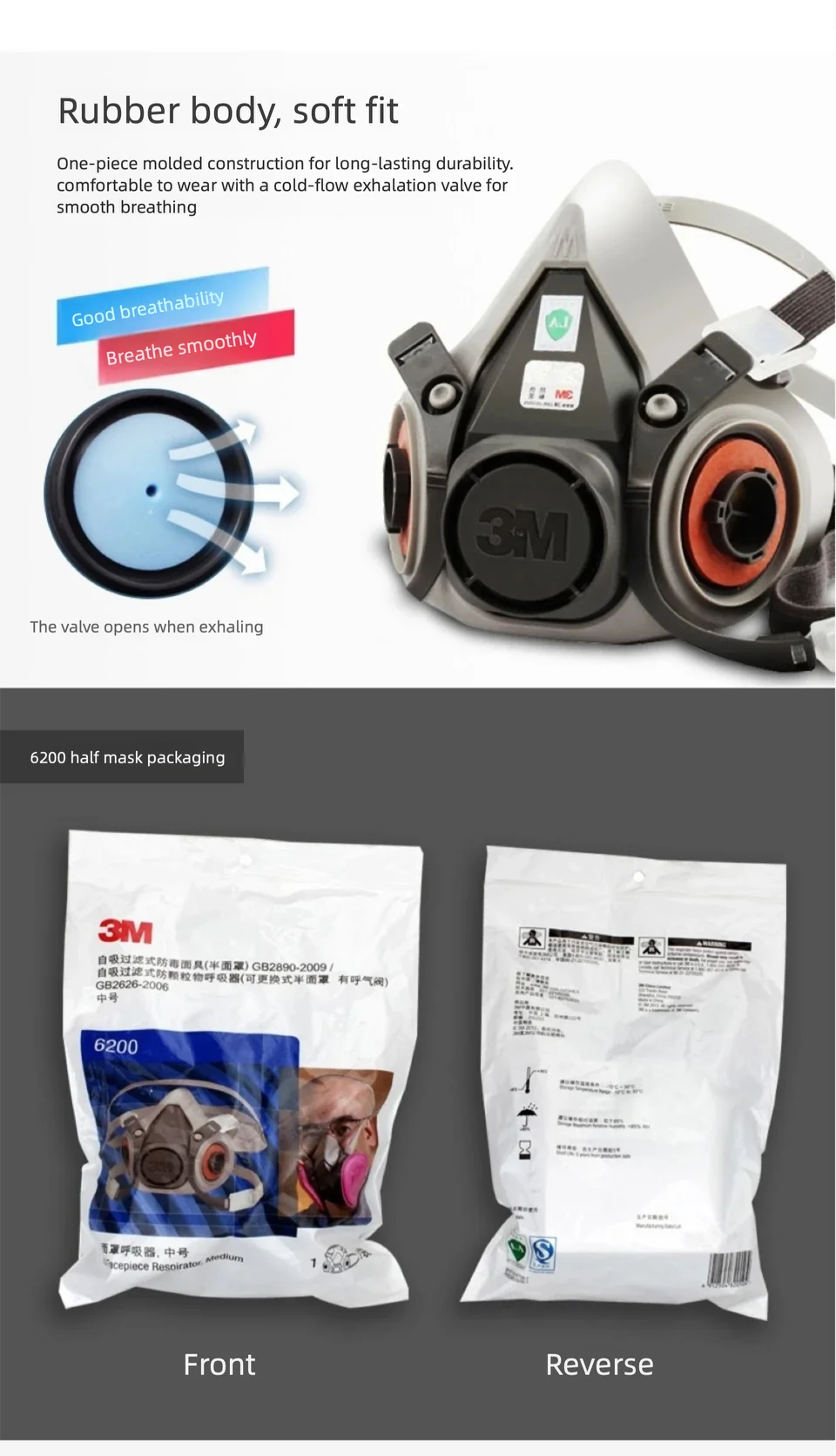 Original 3M 6200 Gasmaske für Sprühfarbe, Dekoration, chemischer Staubschutz, wiederverwendbare Halbgesichts-Atemschutzmaske, NIOSH-zugelassen – Detail 4
