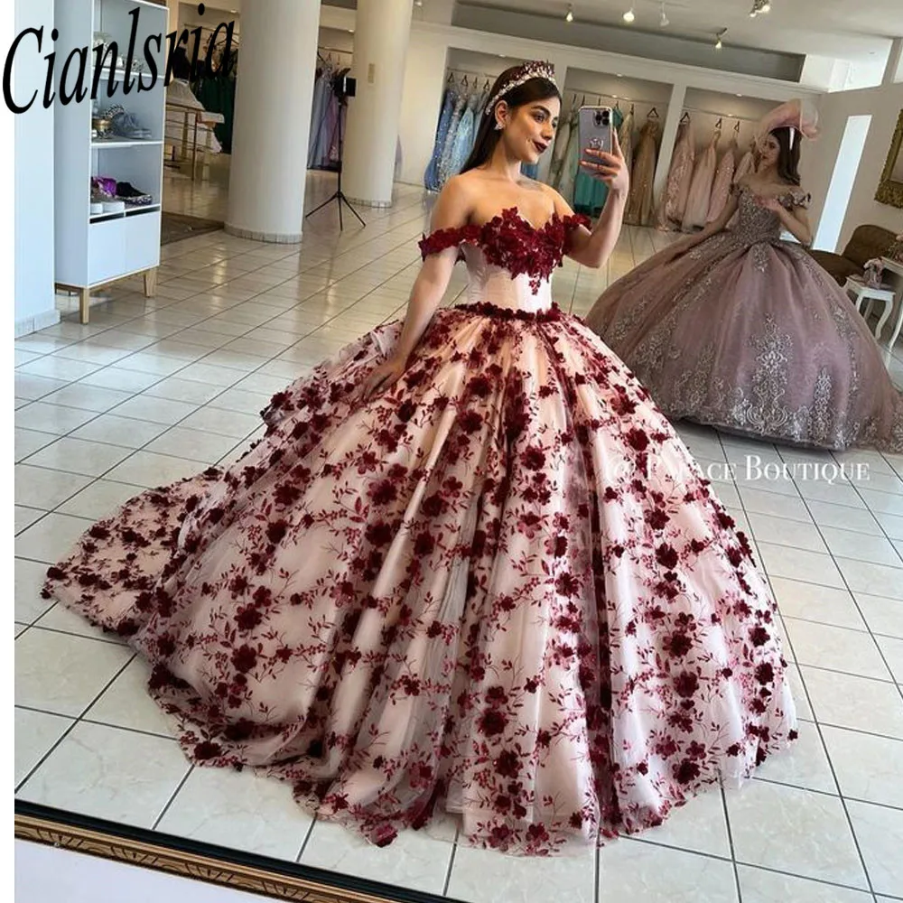 Princess Ball Gown Quinceanera Dresses Off Shoulder Flowers Appliques Sweet 16 Dress Vestidos De 15 Años Lace-Up Birthday