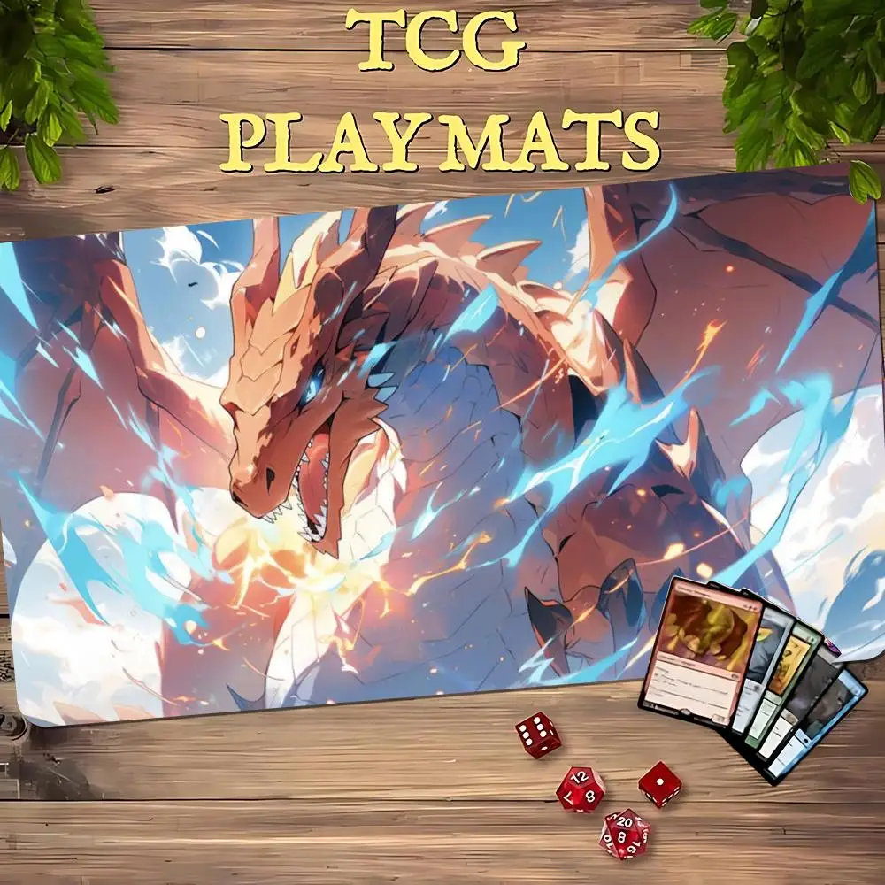 Anime Orange Dragon With Blue Flame TCG Playmat 35X60CM Magic Card Battle Mat Non-Slip Durable Stitched Edge Tabletop Playmat