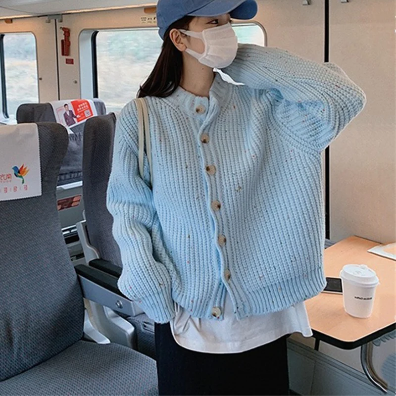 

Korean Candy Color Knitted Cardigan Coat Women Autumn Winter Round Neck Long Sleeve Cardigan Woman Single Breasted Warm Cardigan