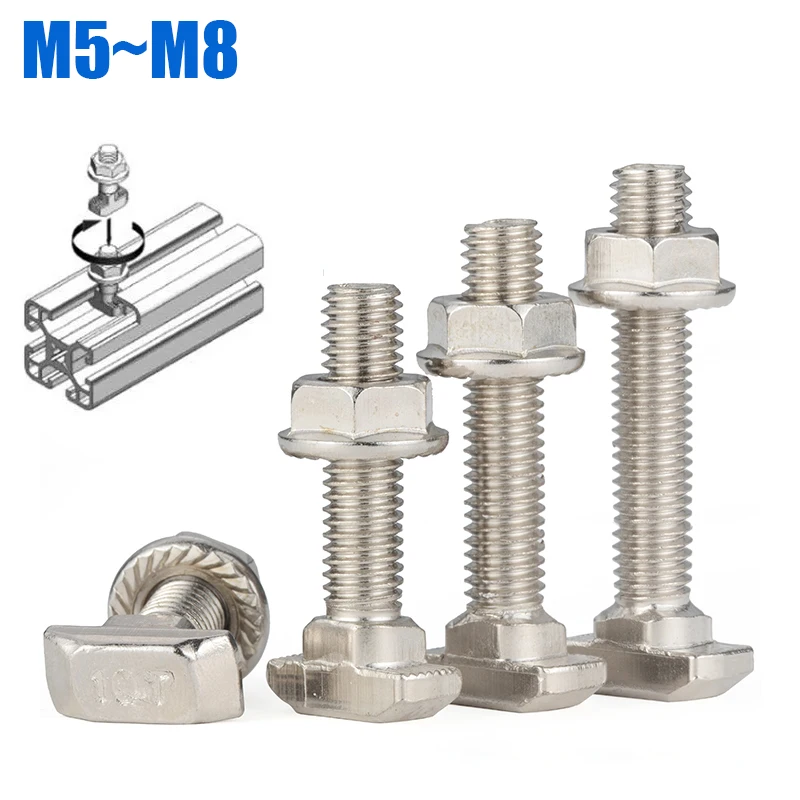 Eu Standard 20 30 40 45 Series T Shaped Hammer Bolt Aluminum profile accessories T Shaped Bolt Nut + Flange Nut M5 M6 M8