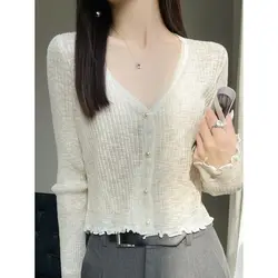 Women's Clothing Sweaters Jumpers Cardigan Buttons Solid Color Long Sleeve V-neck Office Lady Simplicity Elegant Trend All-match