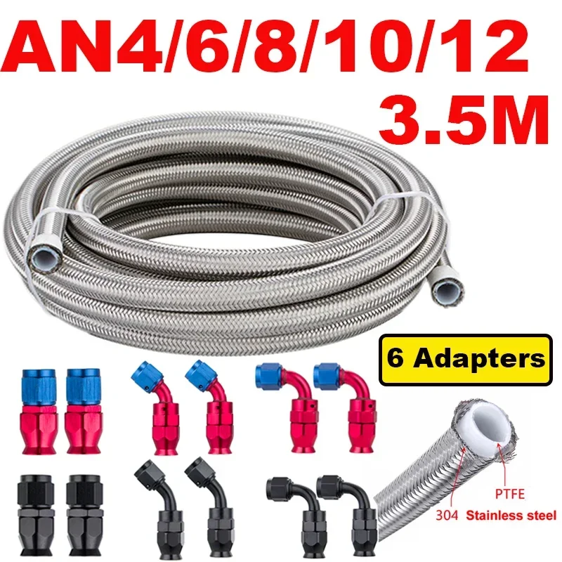 3.5M 11.5FT AN4/6/8/10/12 PTFE Stainless Steel Braided Car Fuel Gas Oil Line Hose Assembly 0+45+90 Degree + 6pcs End Fitting Kit