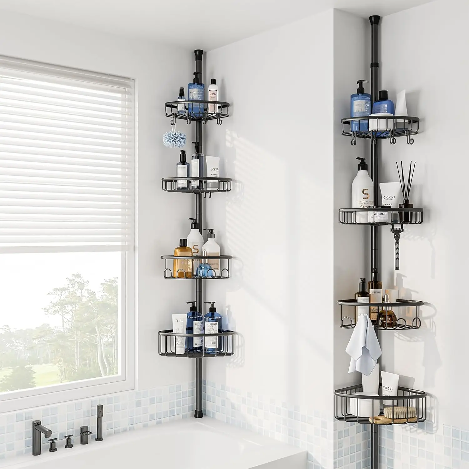 Corner Shower Caddy Tension Pole: Stainless Steel Rustproof 4-Tier Shower Organizer - 47-121 inch Adjustable Bathroom Shelves fo