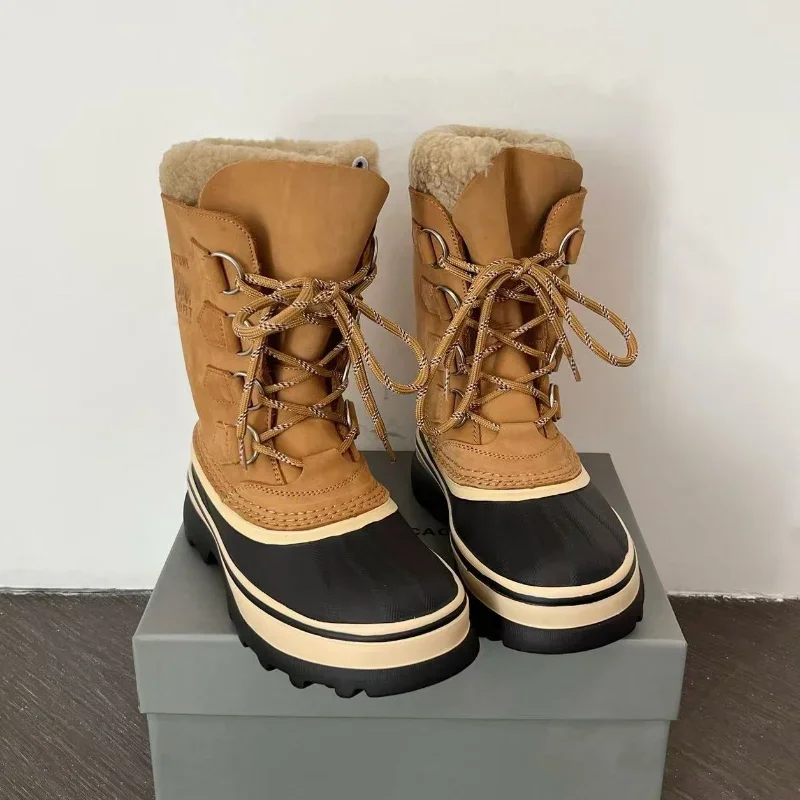 Bottes de neige imperméables d'hiver, bottes de Ski de randonnée en plein air, doublure polaire chaude et épaisse, confortables, antidérapantes, mi-mollet, à lacets, pour Couples