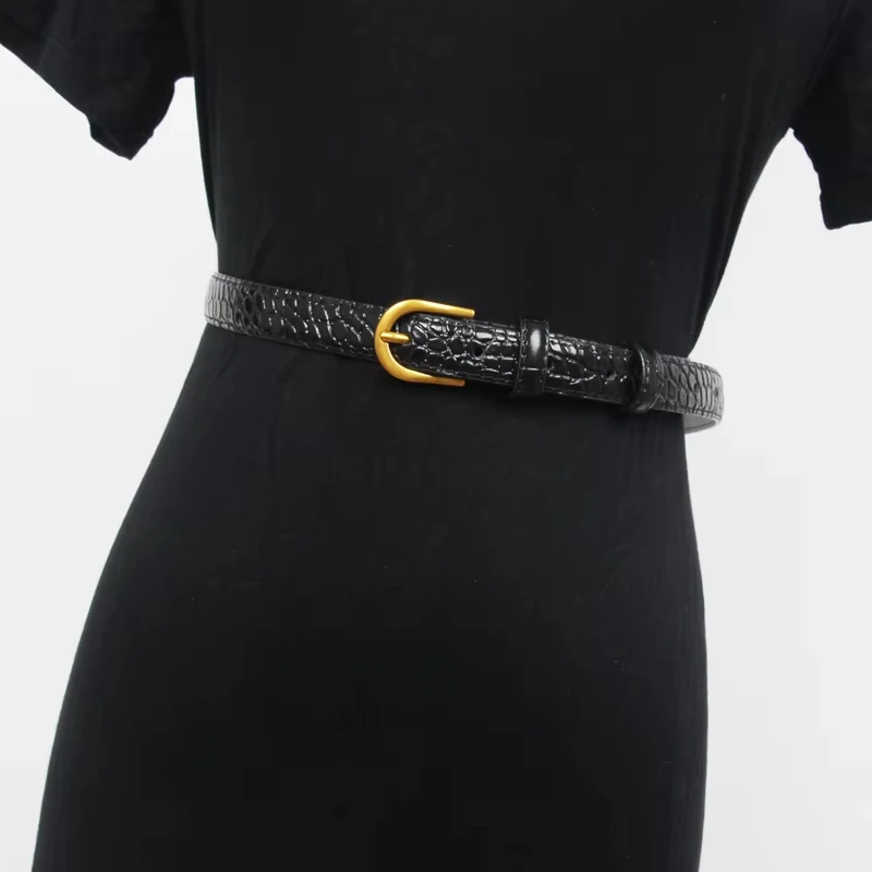 

High end fashion genuine leather women's thin belt with crocodile pattern design, jeans belt, metal belt