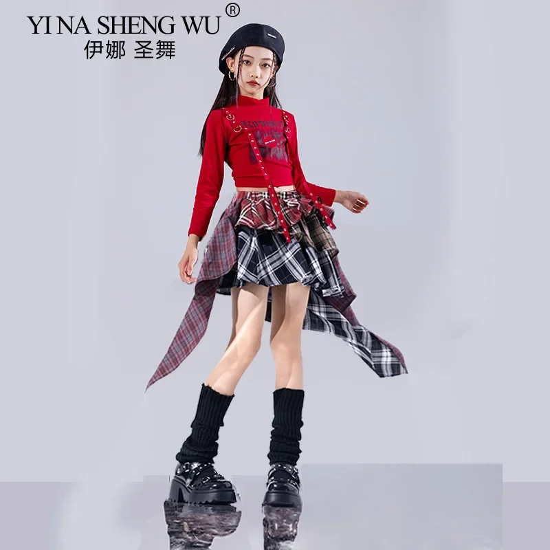 طفل الهيب هوب ملابس رقص الجاز أحمر أسود المحاصيل الأعلى والسراويل البضائع 2 في 1 تنورة مجموعة الفتيات K-pop الشارع الشهير أداء الزي #3