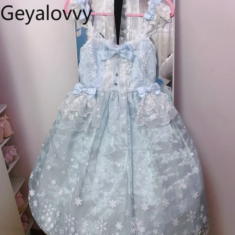 

Японское оригинальное милое платье без рукавов в стиле Лолиты для девочек, повседневное платье с бантом и кружевом в стиле принцессы, утягивающие платья на бретелях с высокой талией