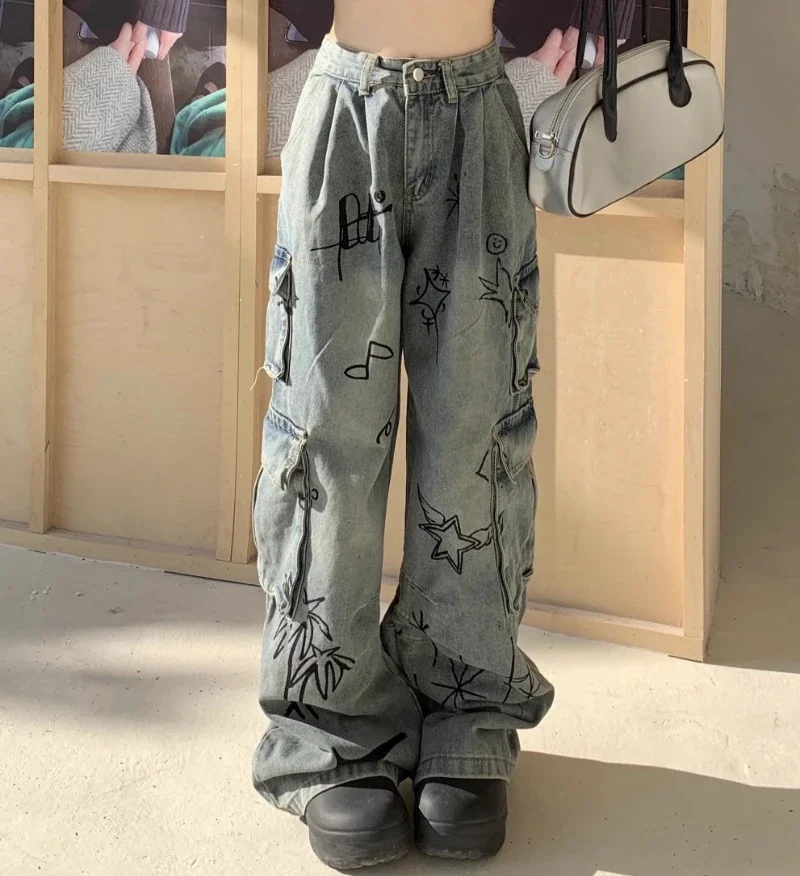 Y2k Aesthetic Cute Cartoon Print Punk Pants American High Street Harajuku Women Bottoming Side Pockets Vintage Wide Leg Trouses