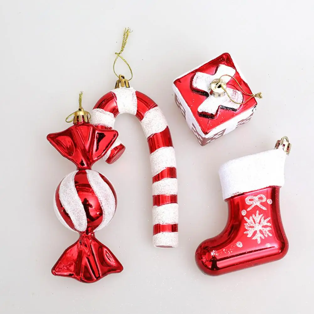 White Candy Decoration Festive Christmas Hanging Decorations Candy Cane Gift Box Stocking Holiday Decor for Xmas Tree Set of 4