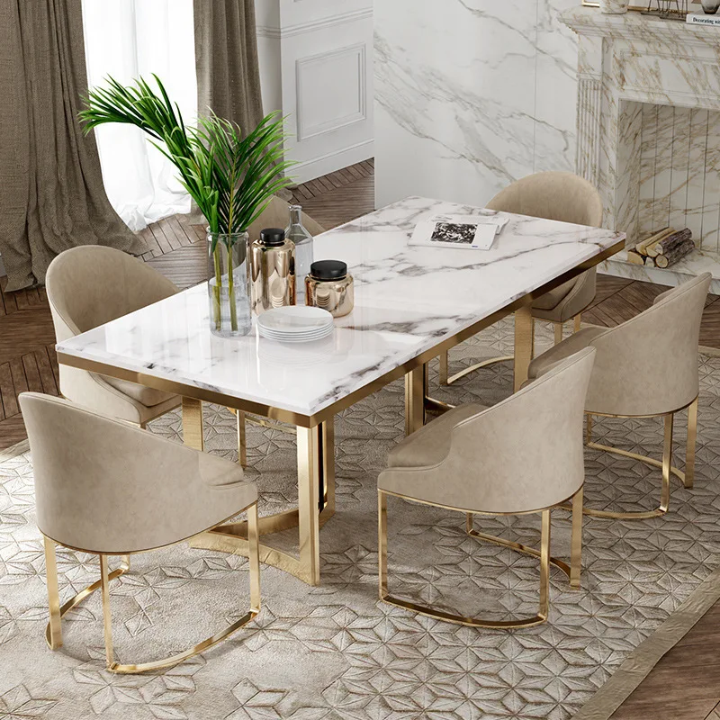 

Nordic light luxury marble dining table and chair combination post-modern simple living room rectangular dining table