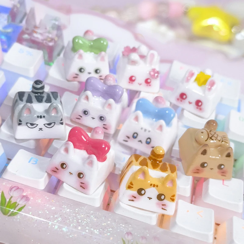 Kawaii Cat Keycap Original 3D Resin Keyboard Caps Custom Handmade Gaming Artistic Keycaps For Mechanical Keyboards Gift