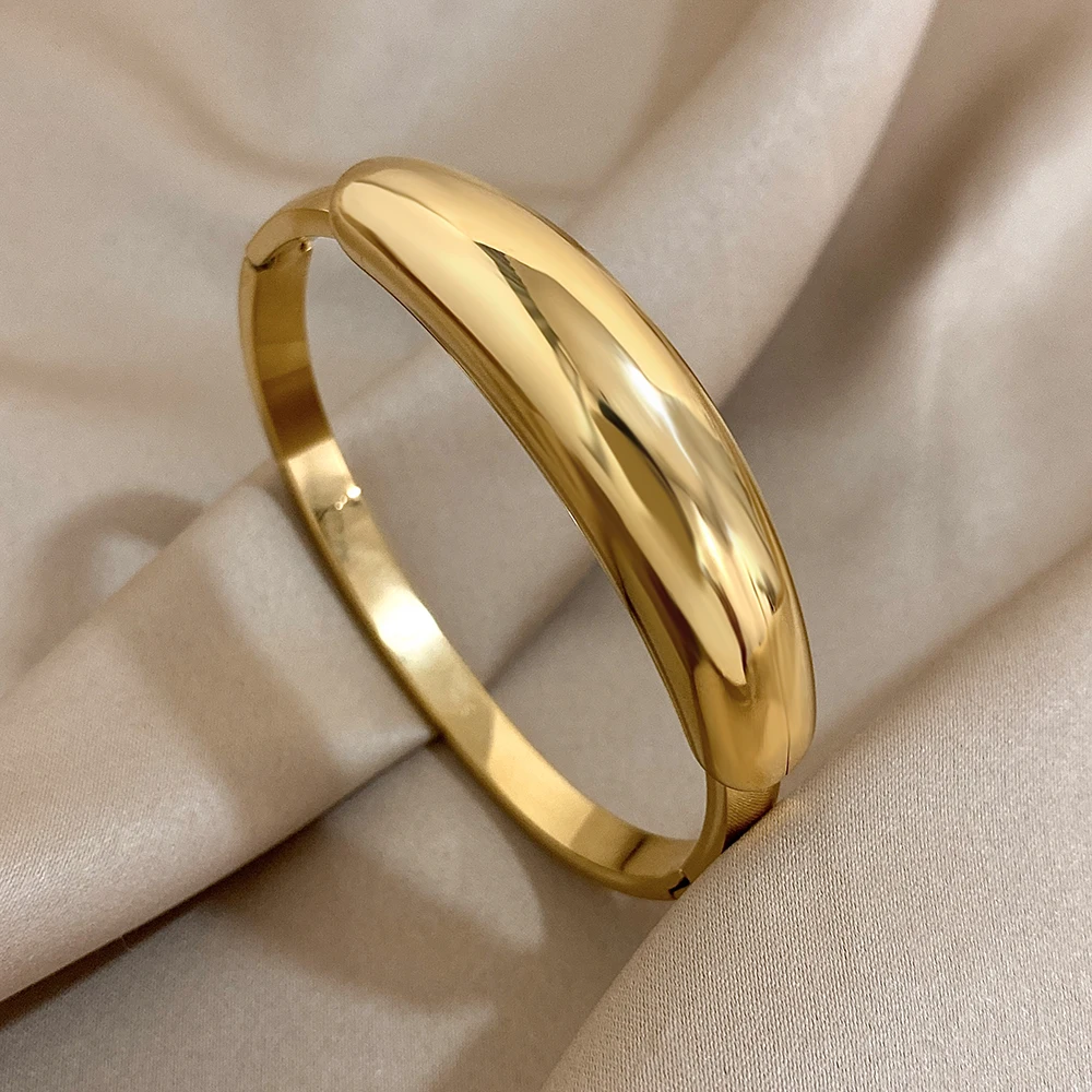 FLASHBUY Fashion Chunky Geometry Smooth Golden Thick Stainless Steel Bangles Bracelet Stackable Wrist Jewelry Gift