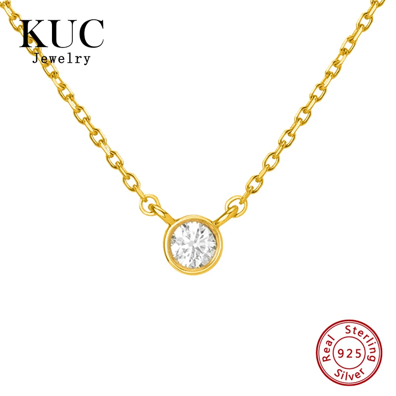 925 Sterling Silver Fine Jewelry Korean Minimalist Bezel Rround Zircon 18k Gold Plated Pendant Necklaces for Women