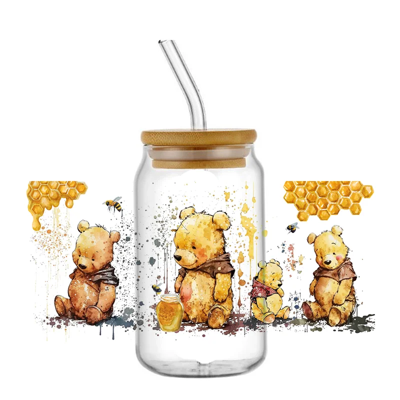 Miniso Pooh Met Vriend Uv Dtf Transfer Sticker Waterdichte Transfers Stickers Voor 16Oz Glazen Beker 3d Cartoon Diy Wrap Stickers