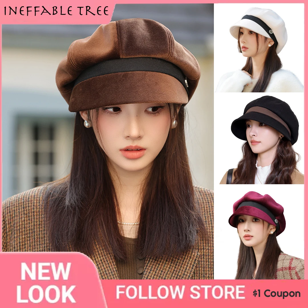 

Korean Autumn Winter Oversize Beret Hats for Women Face Slimming British Wide Brim Painter Casual Octagonal Cap Gorra Mujer