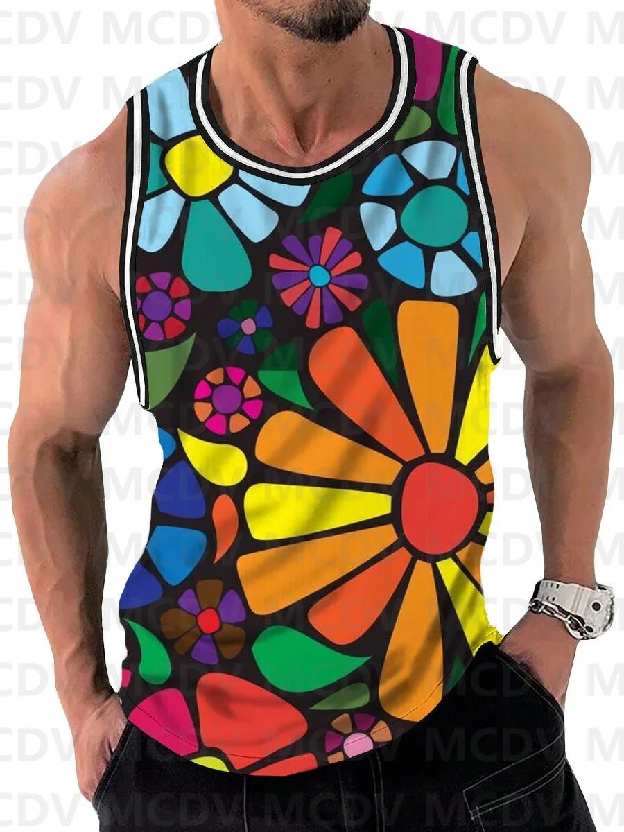 

Colorful Floral Print Casual Round Neck Sleeveless Tank Top 3D Printed Tank Tops Men Summer Tops