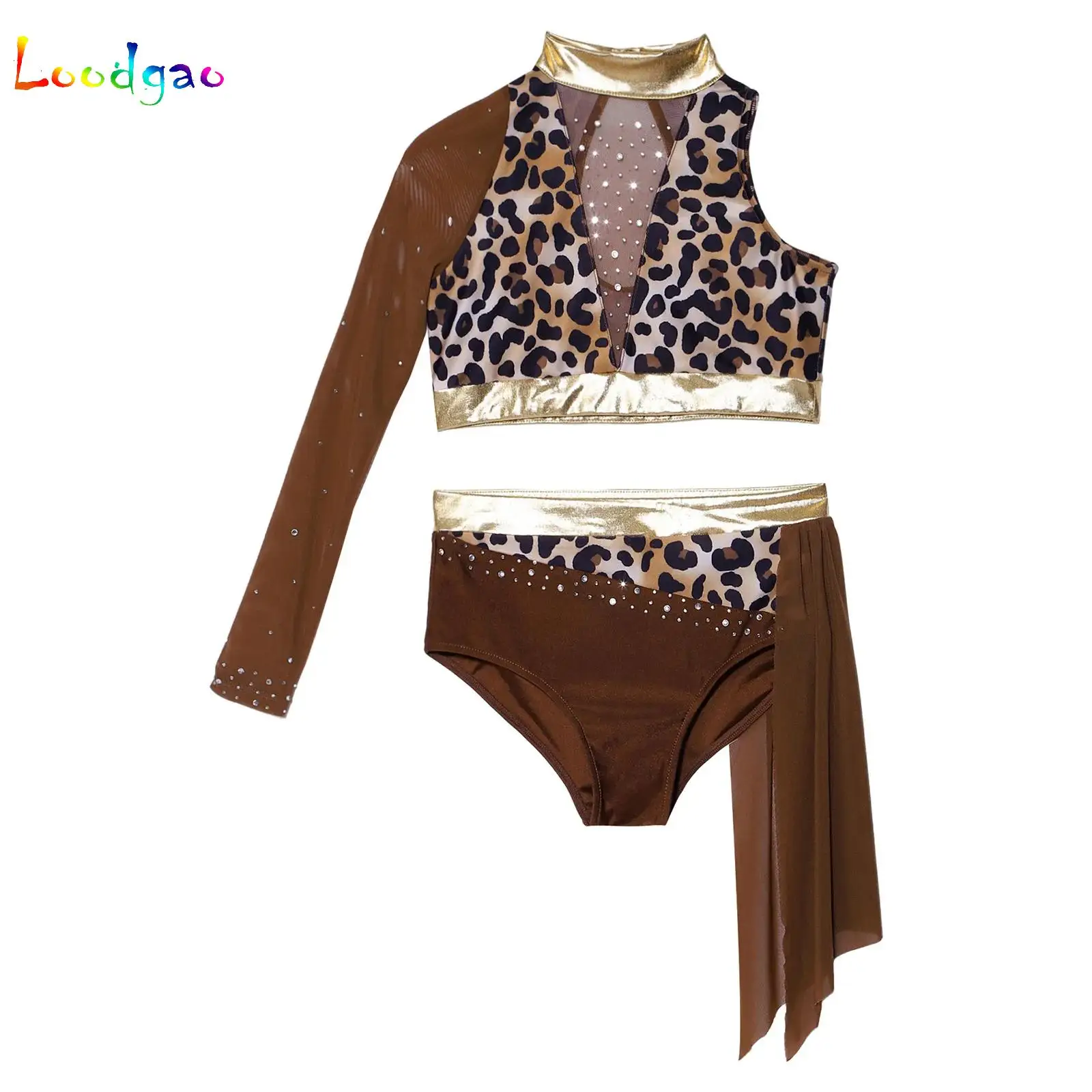 Girls Lyrical Dance Set Rhinestones Tops One Shoulder Crop Top with Mesh Briefs Skirt Modern Contemporary Performance Dancewear