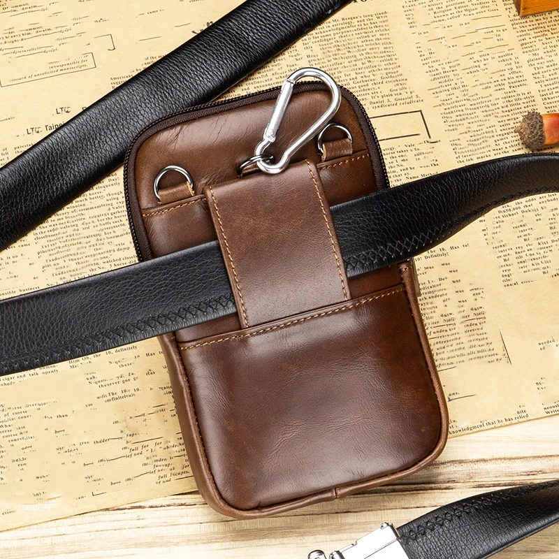 Genuine leather mobile phone bag, men\'s cowhide waist bag with hook and wear-resistant diagonal collapse, one shoulder small bag