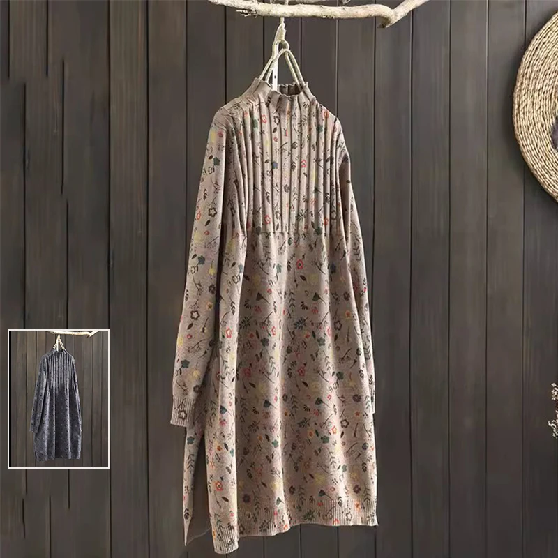 

Retro Striped Print Knitted Dr Women's Mid-Length f High Collar Base Layer Winter Sweater Cotton Long Sve Top