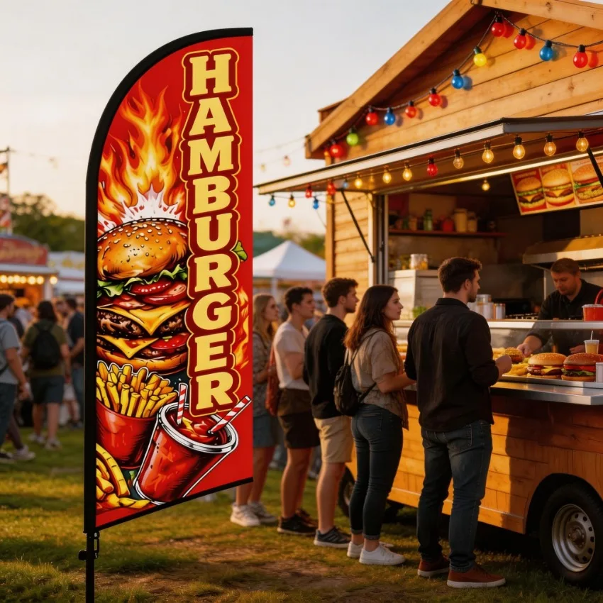 Hamburger Shop Feather Flag 6.5FT Advertising Banner for Fast Food Store Grand Opening Promotion