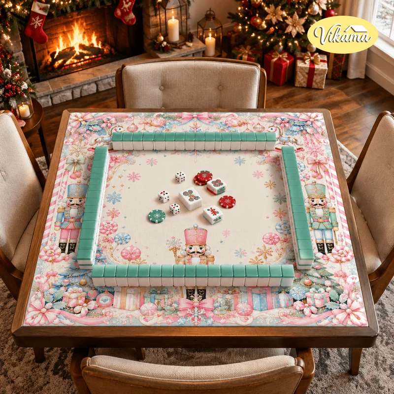 VIKAMA Christmas Carousel Nutcracker Mahjong Mat Non Slip Foldable Table Cover for Living Room Family Game Night Holiday Gift