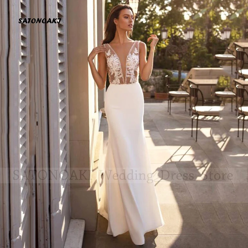 

Elegant Sexy Mermaid Lace Wedding Dress for Women V-Neck Backless Sleeveless Bride Gown Vestido De Novia Custom Made Robe Mariée