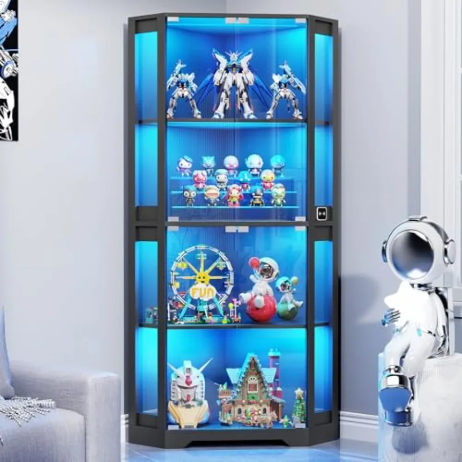 Lighted Corner Display Cabinet with Glass Doors for Collectibles